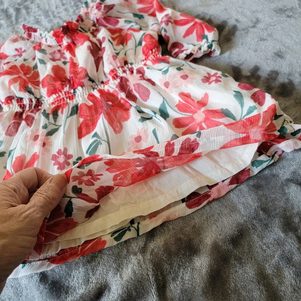 Carter's Floral Dress Baby Girls 3M White Red Excellent Long Sleeve Chiffon 724